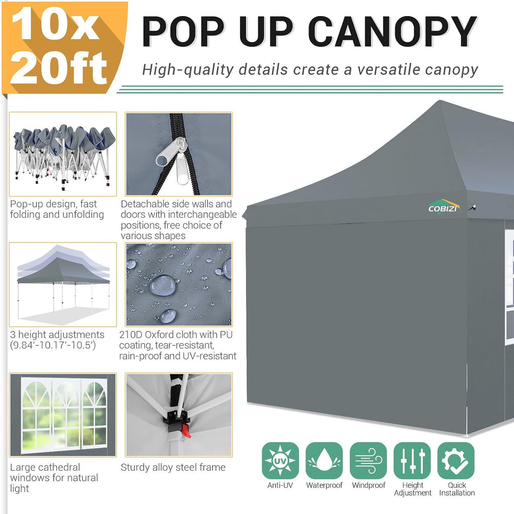 COBIZI 10x20ft Pop Up Canopy Tent with 6 Removable Sidewalls, Easy Up Commercial Canopy, Waterproof and UV50+ Gazebo with Portable Bag, Adjustable Leg Heights,Party Tents for Parties, with 4 Sandbags