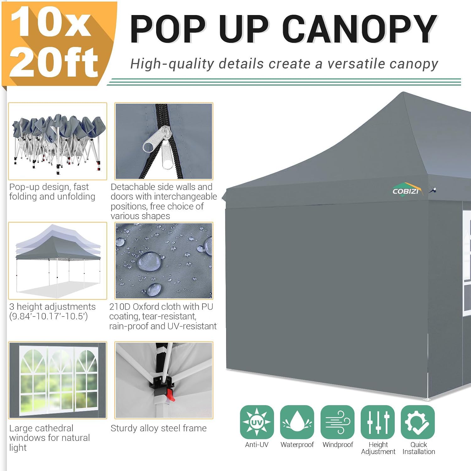COBIZI 10x20ft Pop Up Canopy Tent with 6 Removable Sidewalls, Easy Up Commercial Canopy, Waterproof and UV50+ Gazebo with Portable Bag, Adjustable Leg Heights,Party Tents for Parties, with 4 Sandbags