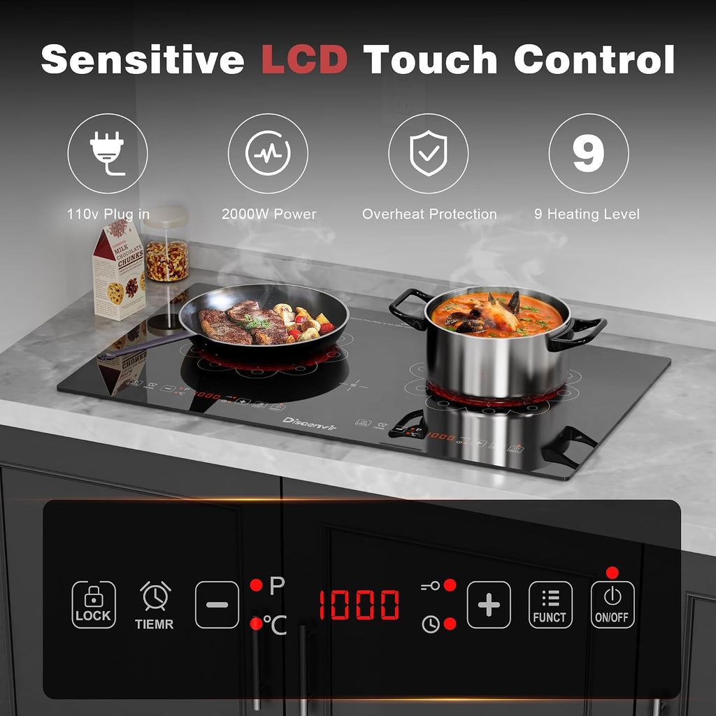 2 Burner Electric Cooktop - 24 Inch Electric Stove Built-in(23'x13') and Countertop(24'x14'), Two Burner Ceramic Cook Top with Child Lock, Timer, Sensor Touch Control, 110V Plug in