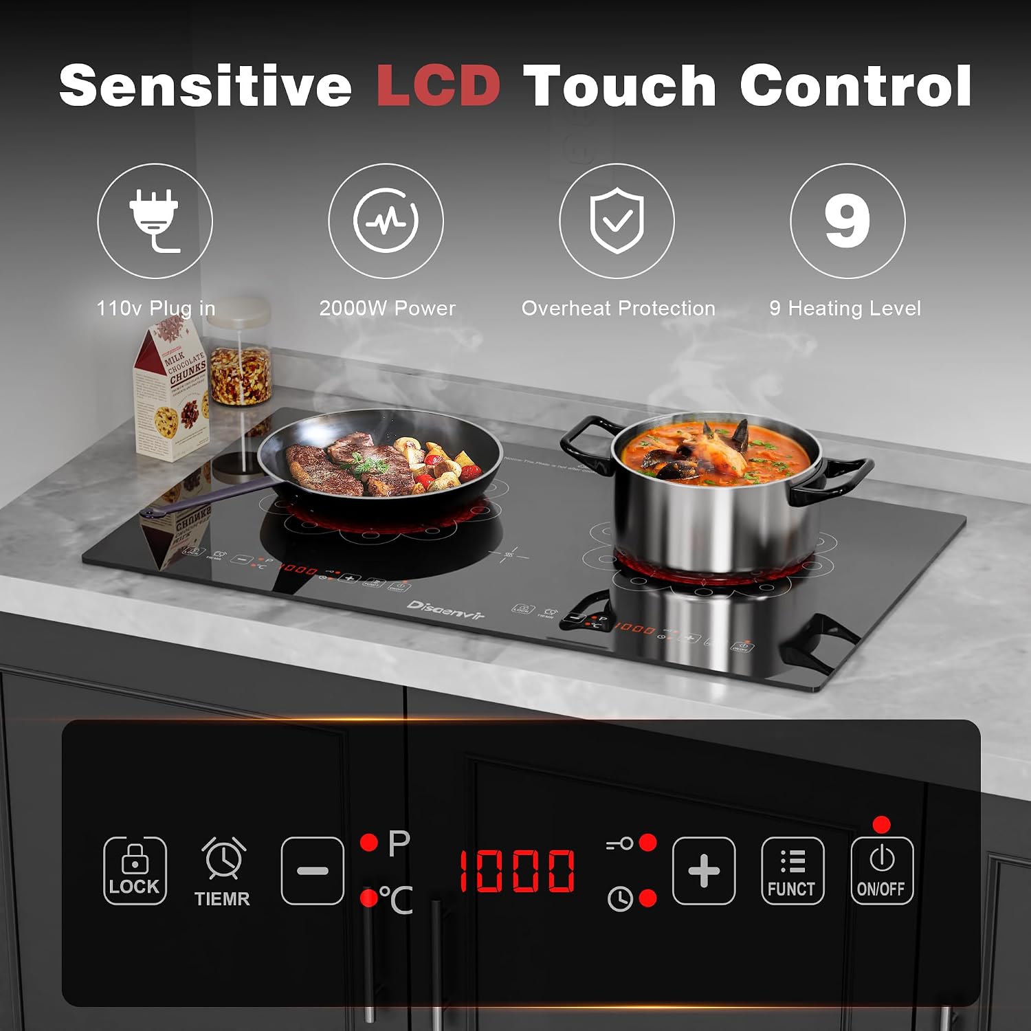 2 Burner Electric Cooktop - 24 Inch Electric Stove Built-in(23'x13') and Countertop(24'x14'), Two Burner Ceramic Cook Top with Child Lock, Timer, Sensor Touch Control, 110V Plug in