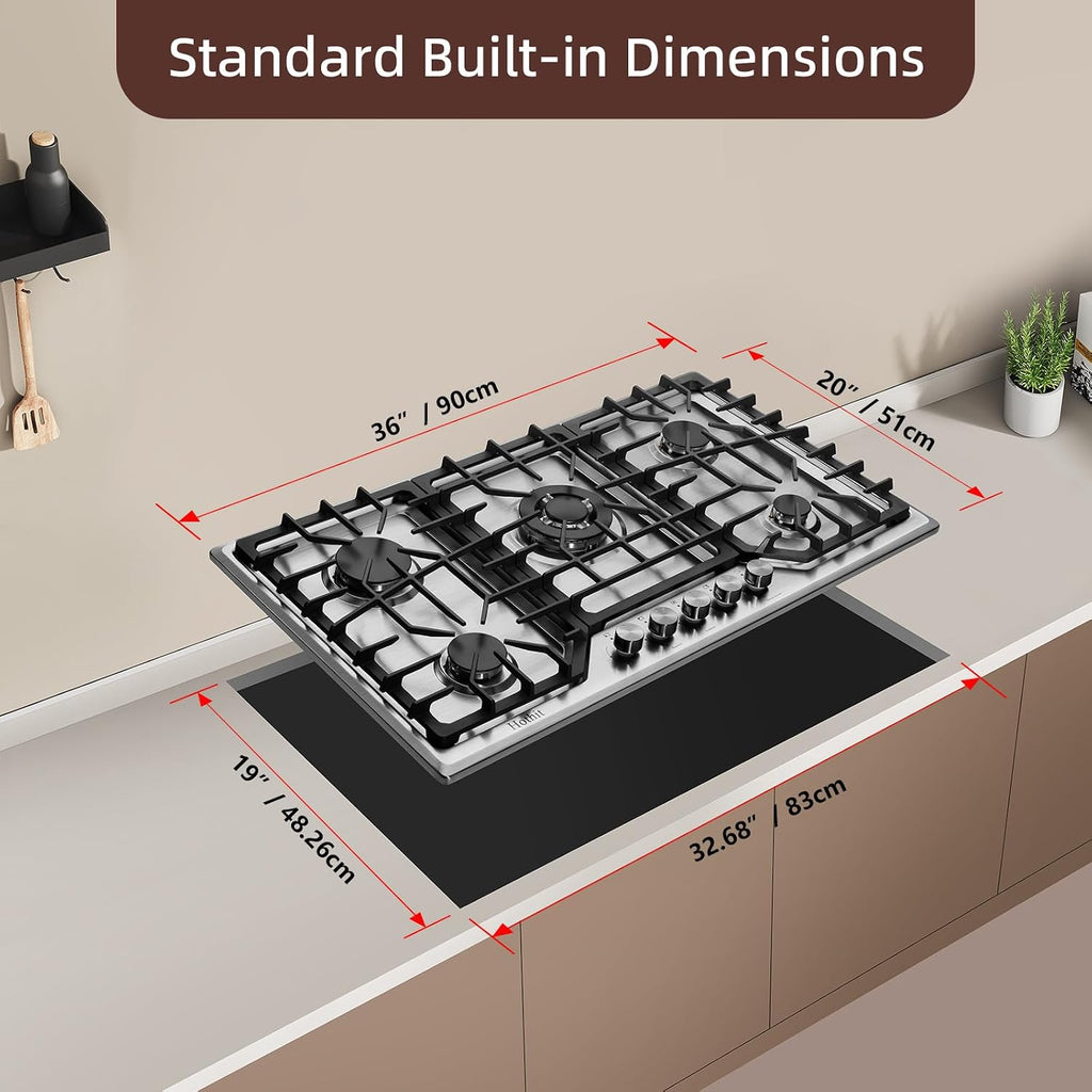 Hothit 5 Burner 36 inch Gas Cooktop, LPG/NG Dual Fuel Built-in Electronic Ignition Propane Stove Top with Pressure Regulator, Stainless Steel Gas Hob for Kitchen, Apartment, Outdoor(AHT36IN10S-SD)