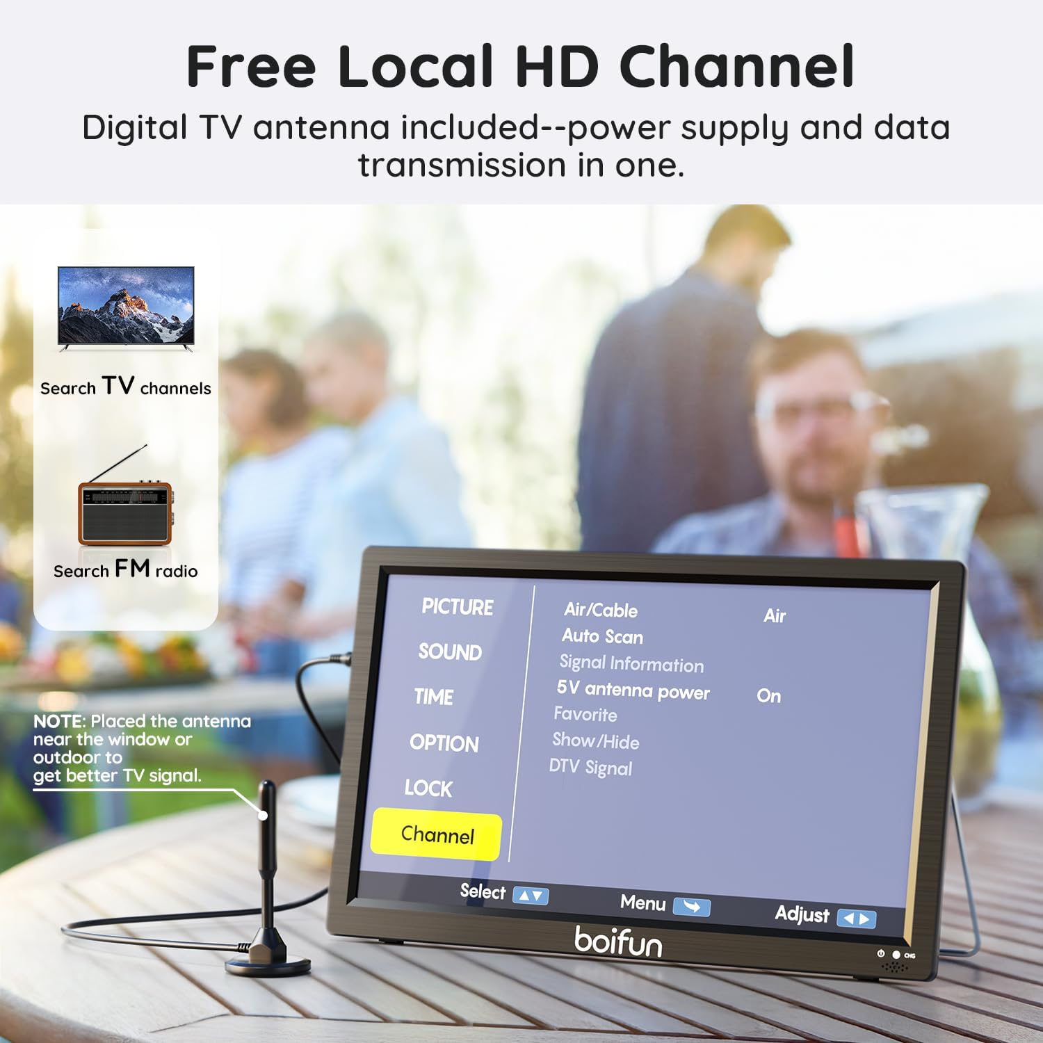 Boifun 15.6' Portable TV with Antenna, DVD Player Built-in, FM Radio, 5000mAh Battery, Support HDMI Input/USB/TF/AV Out and Multiple Disc Formats, Small TV DVD Combo for Camping Patio RV Kitchen,Black
