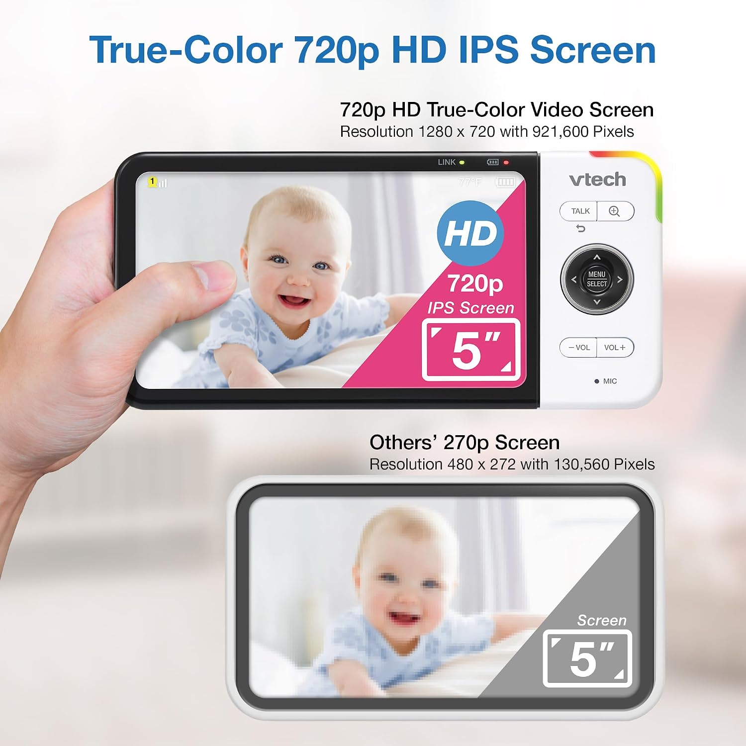 VTech VM928-2HD 5' 720p HD Display 2 Cameras Baby Monitor,110 Wide Angle View,Remote Pan-Tilt-Zoom,Night Vision,Up to 1000ft Range,Temperature Sensor,9 Soothing Sounds & Lullabies,2-Way Talk,No WiFi