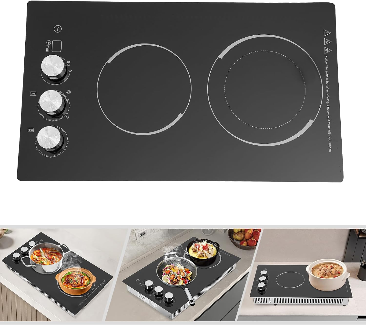 Electric Cooktop 20 Inch, 1700W Drop-in 2 Burner Electric Stovetop in Black with 5 Power Levels, 0-99 Minute Timer, Child Safety Lock, 110V - 20.08x11.81x4.06in(No Plug)