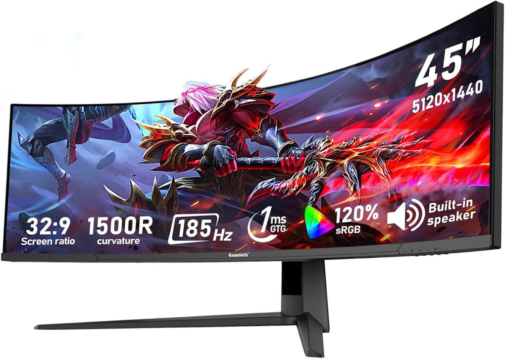 Gawfolk 45 inch Ultra-Wide Curved 1500R Gaming Computer Monitor, DQHD(5120×1440) PC Screen, 185Hz, 1MS, FreeSync, 120% sRGB, Built-in Speaker, HDMI2.1 & DP1.4, Compatible Wall Mount 100 * 00mm- Black