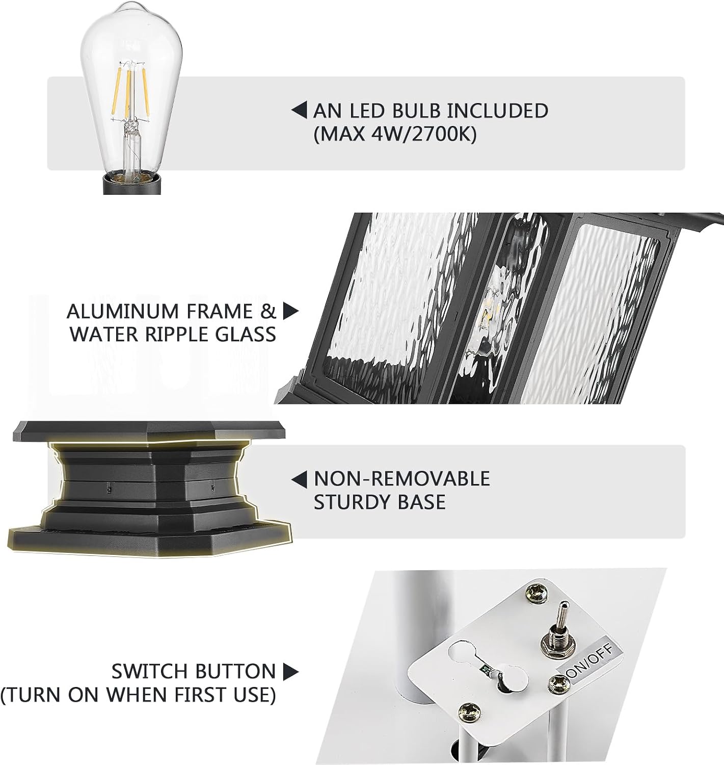 Emliviar Exterior 23.5 Inch Solar Post Light, Outdoor Aluminum Post Lamp with Pier Mount Base, Integral Black LED Pillar Lantern with Water Ripple Glass, XE310P SL BK-SW