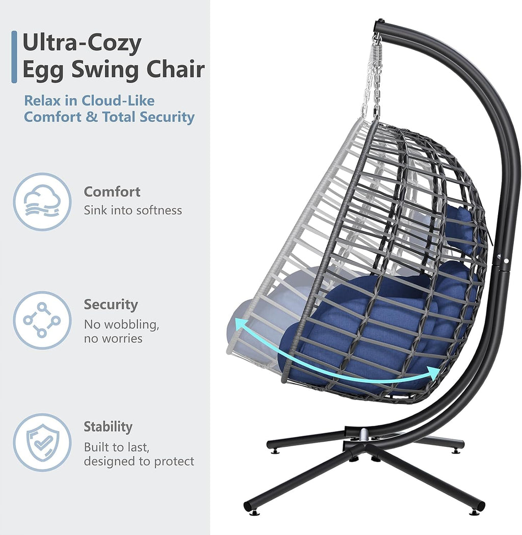 SWITTE Double Hanging Egg Chair with Stand, Outdoor Patio 2 Person Wicker Hammock Swing Chairs with Cushion for Indoor Bedroom, Lawn, Garden-Dark Blue