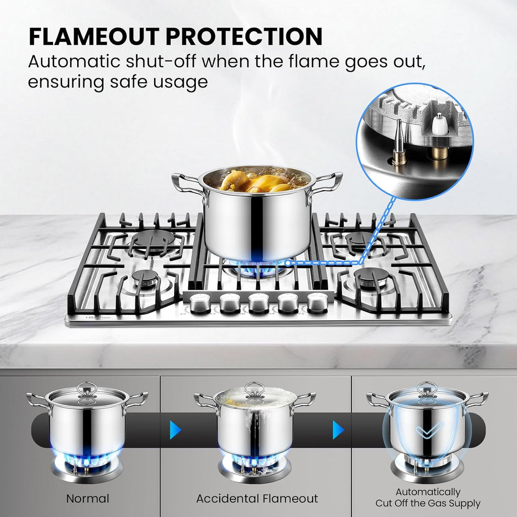 34 Inch Gas Cooktop, Built In Gas Stove Top with 5 Sealed Burners NG/LPG Convertible Stainless Steel Propane Cooktop with Thermocouple Protection