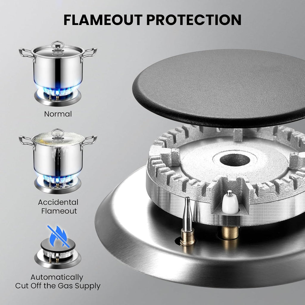 2 Burner Propane Stove, Hibghse 12 Inch Gas Cooktop Built-in Gas Stove NG/LPG Convertible Stainless Steel Stove Burner with Thermocouple Protection for Kitchen, Apartment, Outdoor, RVs