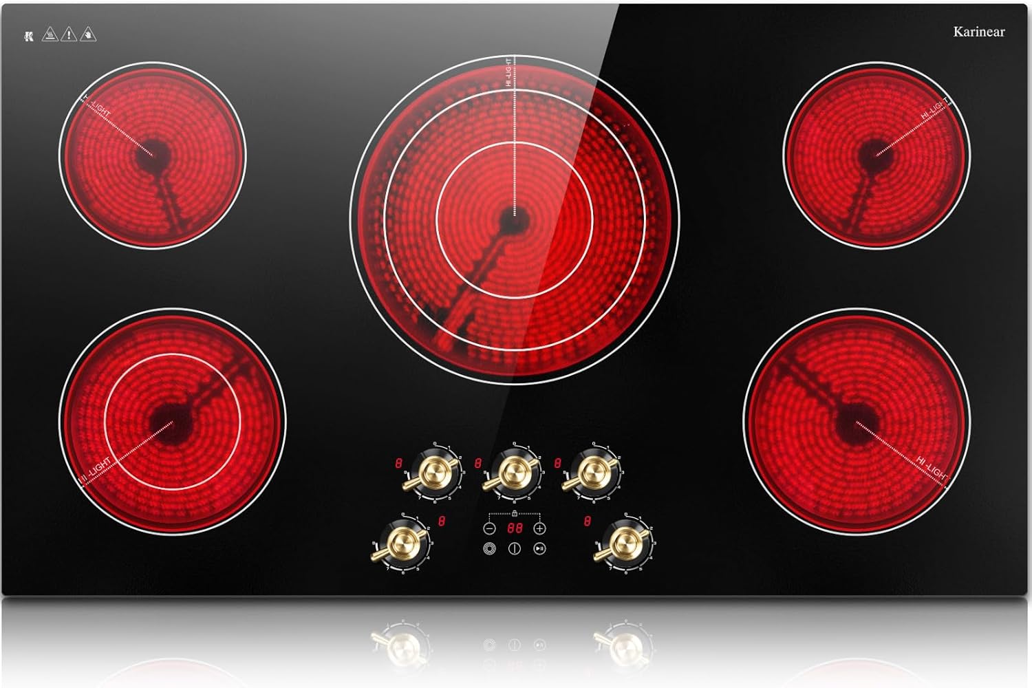Karinear 36 inch Electric Cooktop, 5 Burner Radiant Cooktop with Knob & Touch Control, 9200W 240V Built-in Stove Top, 9 Power Levels, Timer, Child Lock, Pause, Residual Heat Indicator(Gold Knob)