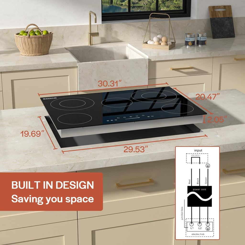 Empava 30 inch Electric Cooktop,Built in Radiant Ceramic Stove,5 Burners Including Dual Element and Warm Zone, 7200W, 220-240V Hard Wire, No Plug, ETL Certified