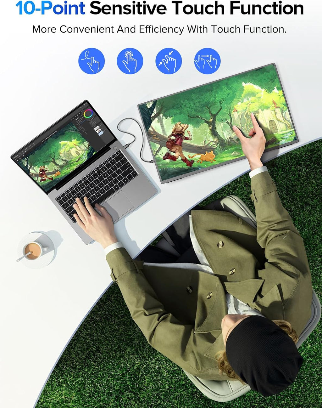 UPERFECT QLED Portable Monitor Touchscreen 24.5'' 165Hz Gaming Monitor 2K 125% sRGB 2000:1, FreeSync 0.1ms, Built-in 180° Adjustable Stand/VESA, USB-C HDMI Second Screen for Laptop PC Game Console
