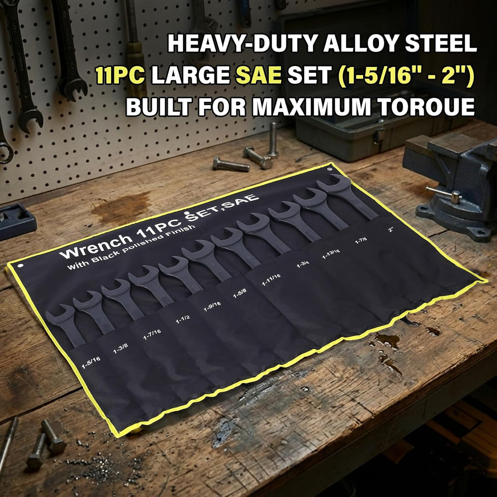 11PC Jumbo Combination Wrench Set, SAE 1-5/16'–2', Heavy-Duty Cr-V Steel, Black Oxide Finish, Full-Range Extra Large Wrench Kit with Pouch