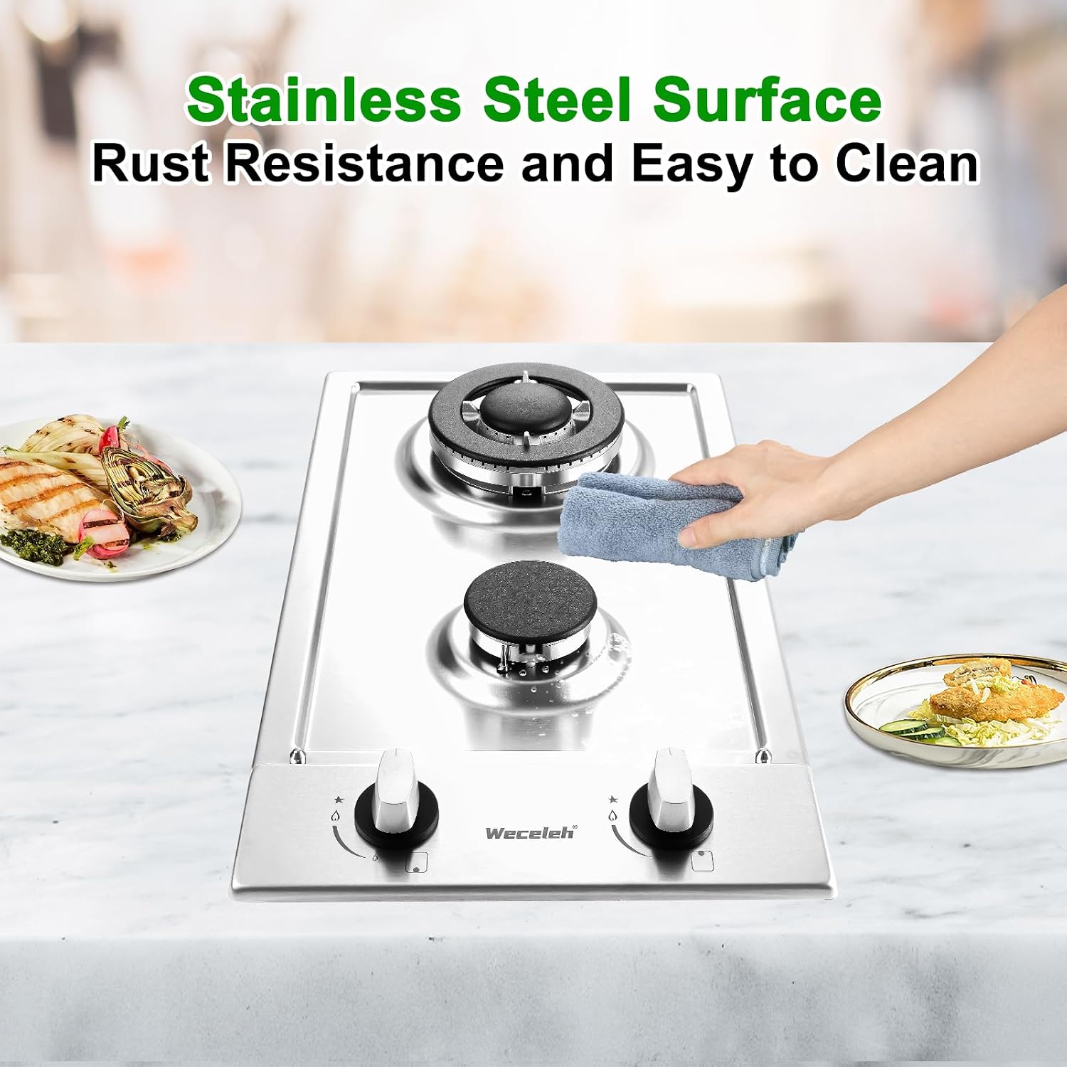 2 Burner Gas Cooktop, 12 Inch Built-in Gas Stove Top, NG/LPG Convertible Stainless Steel Propane Stove, Electronic Auto Ignition & Heavy-Duty Cast Iron Grates for Kitchen, Apartment, RV, Outdoor