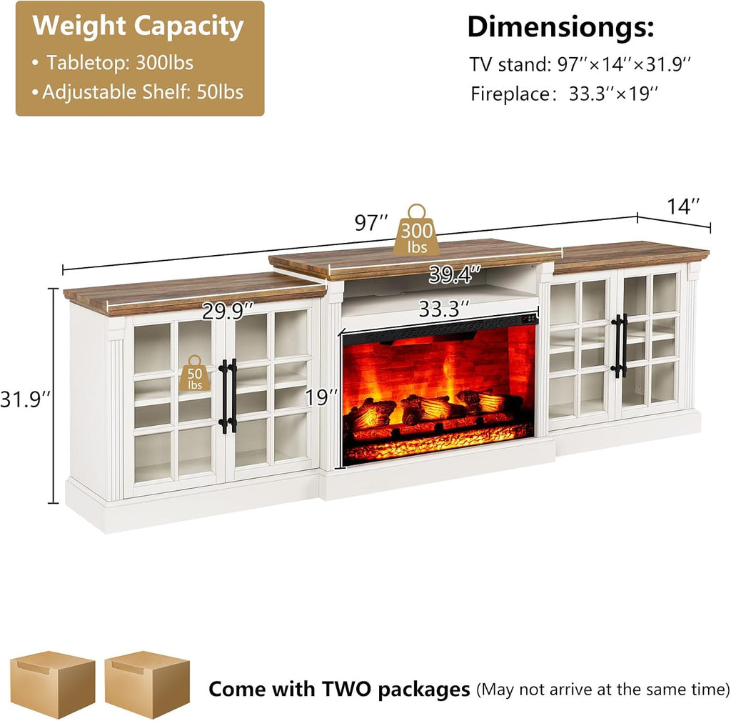 LUXOAK 97' Farmhouse TV Stand with 33' Fireplace for TVs up to 100', Media Entertainment Center with Large Storage Cabinet Adjustable Shelves for Living Room, White/Barnwood