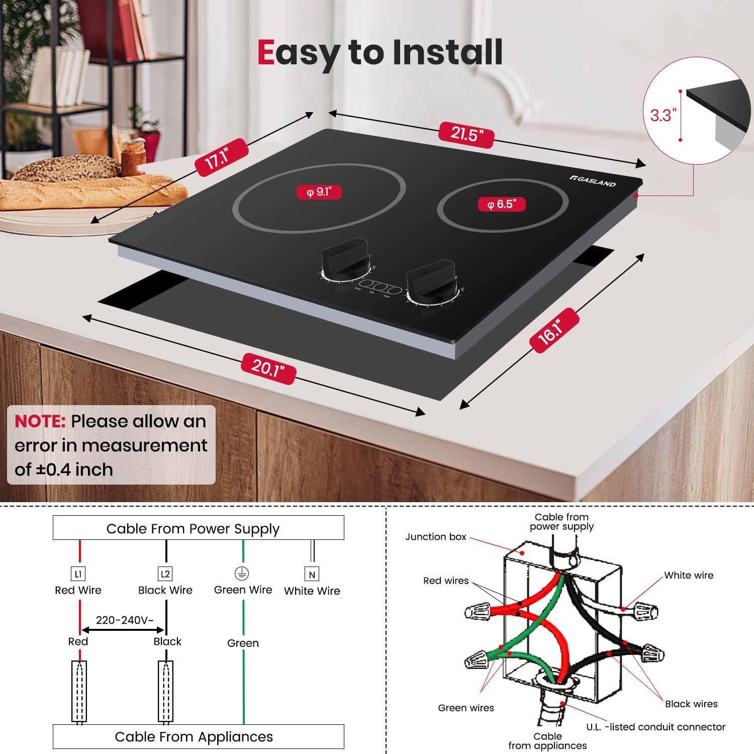 GASLAND 21 Inch Electric Cooktop 2 Burners, Built in Radiant Glass Stove Top for Apartment, UL Certified, 3700W Ceramic Electric Stovetop, 9 Heating Levels, Knobs Control, Instant Heating Up, 220V