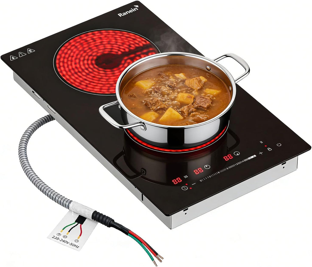 Ranein 12 Inch 2 Burner Electric Cooktop, Max 3000W 240V Ceramic Panel Built-in Electric Stove Top, with Child Safety Lock, Timer, Over-Temperature Protection