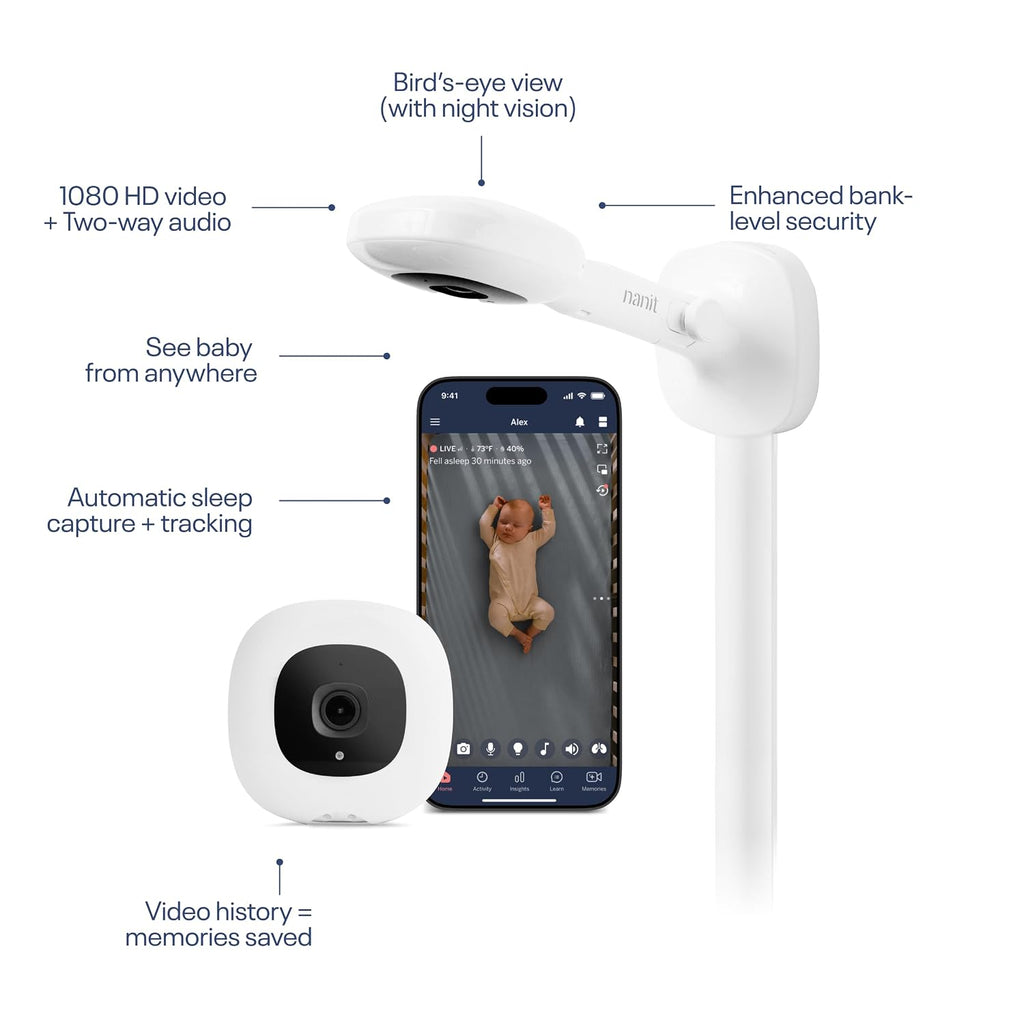 Nanit Nursery Bundle Smart Baby Monitor with Wall Mount – 1080p HD Wi-Fi Camera, Sensor-Free Breathing Monitoring, Sleep Tracking, Two-Way Audio, Night Vision, Motion & Cry Notifications, White