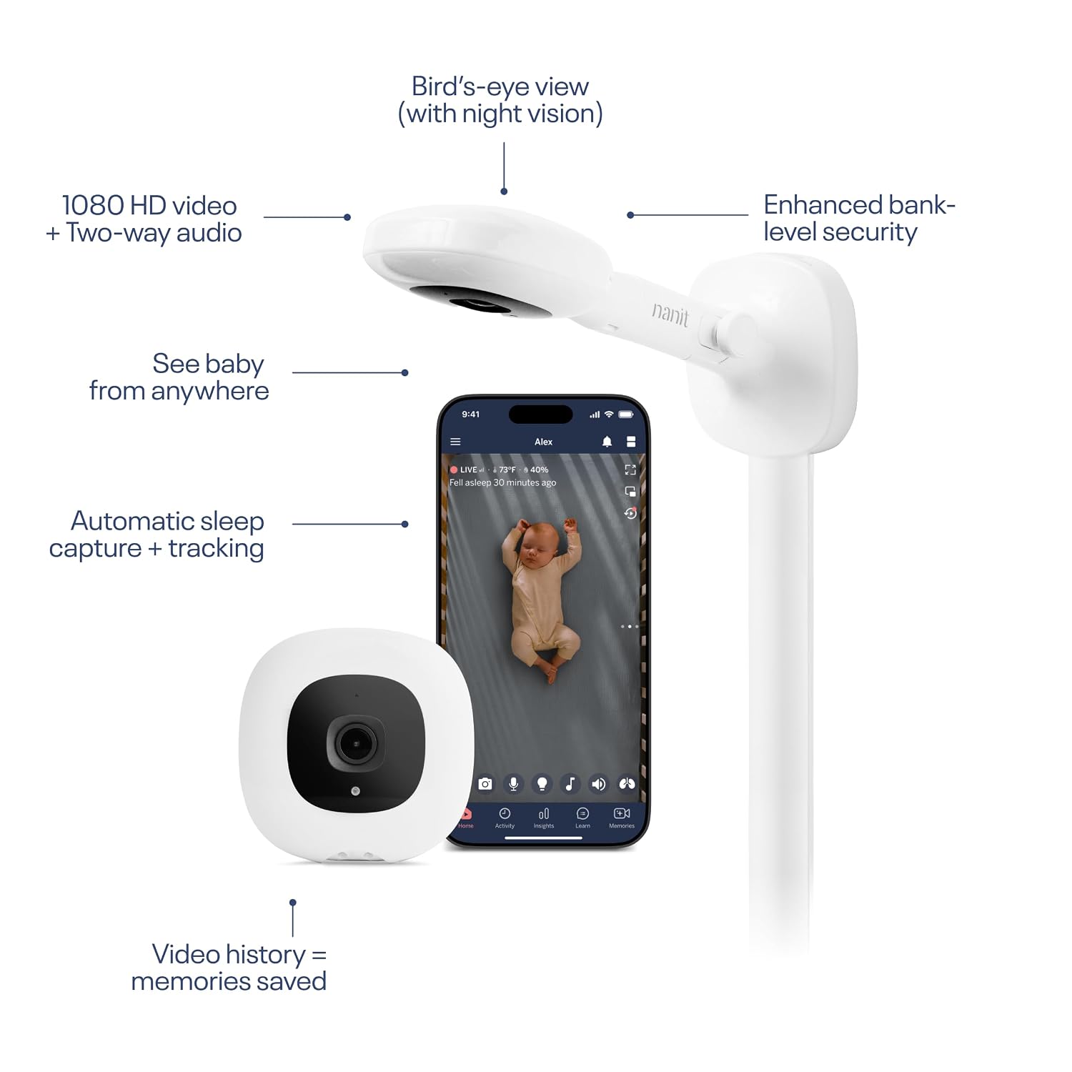 Nanit Nursery Bundle Smart Baby Monitor with Wall Mount – 1080p HD Wi-Fi Camera, Sensor-Free Breathing Monitoring, Sleep Tracking, Two-Way Audio, Night Vision, Motion & Cry Notifications, White