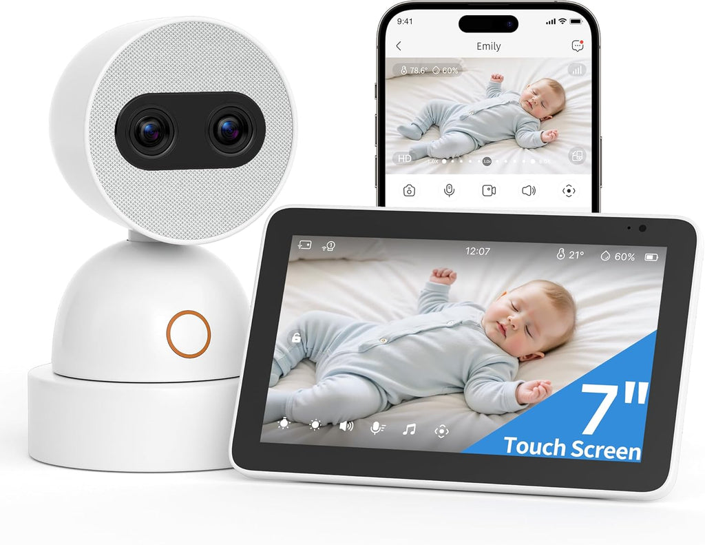 Simsky 7' UHD Touch Screen Baby Audio Monitor, Dual 4MP Cameras with Wall Mount, 6X Zoom & 32GB Local Storage, AI-Powered Cry Detection, Smart Tracking & Free Remote App Access