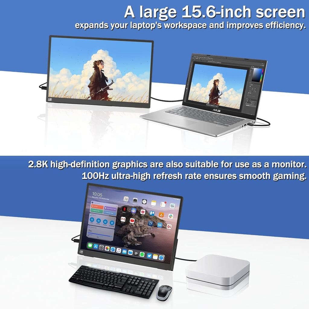 Portable Monitor Touchscreen 15.6' 2.8K Laptop Screen Extender 2880x1620,100Hz,100％sRGB,w/45° Adjustable Stand,mini HDMI USB-C Computer Display for Laptop PC Phone Mac
