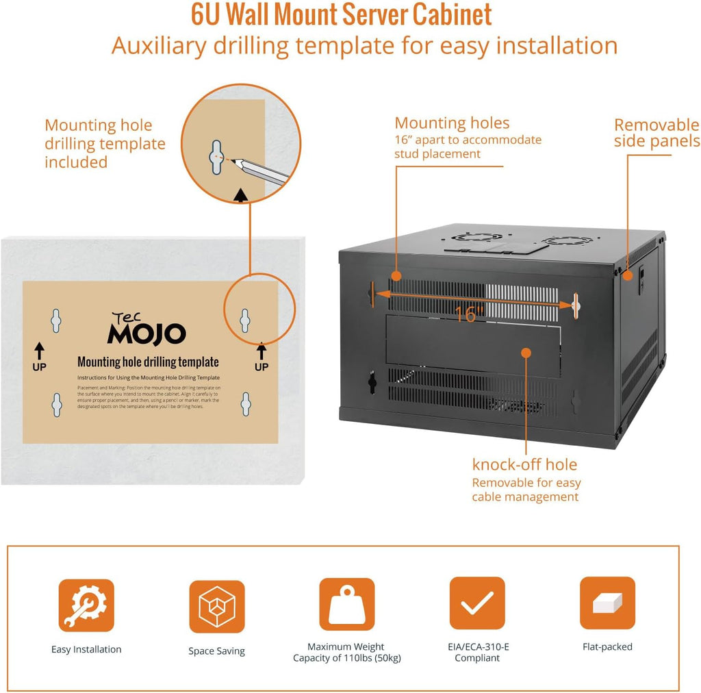 Tecmojo 6U Wall Mount Server Cabinet IT Network Rack Enclosure Lockable Door and Side Panels Black, Cooling Fan, Standard Glass Door, 450mm Depth, for 19' IT Equipment, A/V Devices