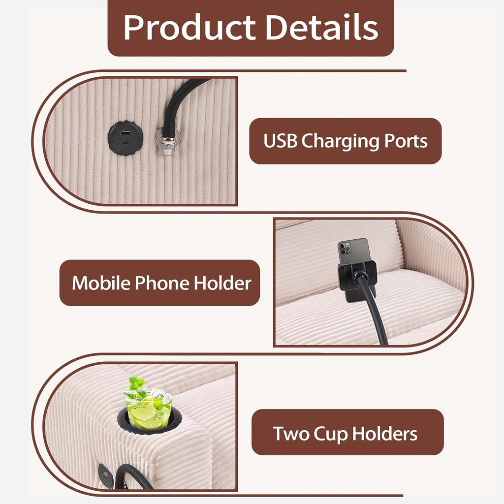 HAOMARKETS 3-in-1 Convertible Loveseat Sleeper Sofa Bed, 2-Seat Pull Out Couch with Cup Holders, Phone Holder and USB Ports, Corduroy 3-Level Adjustable Backrest Couches for Living Room, Beige