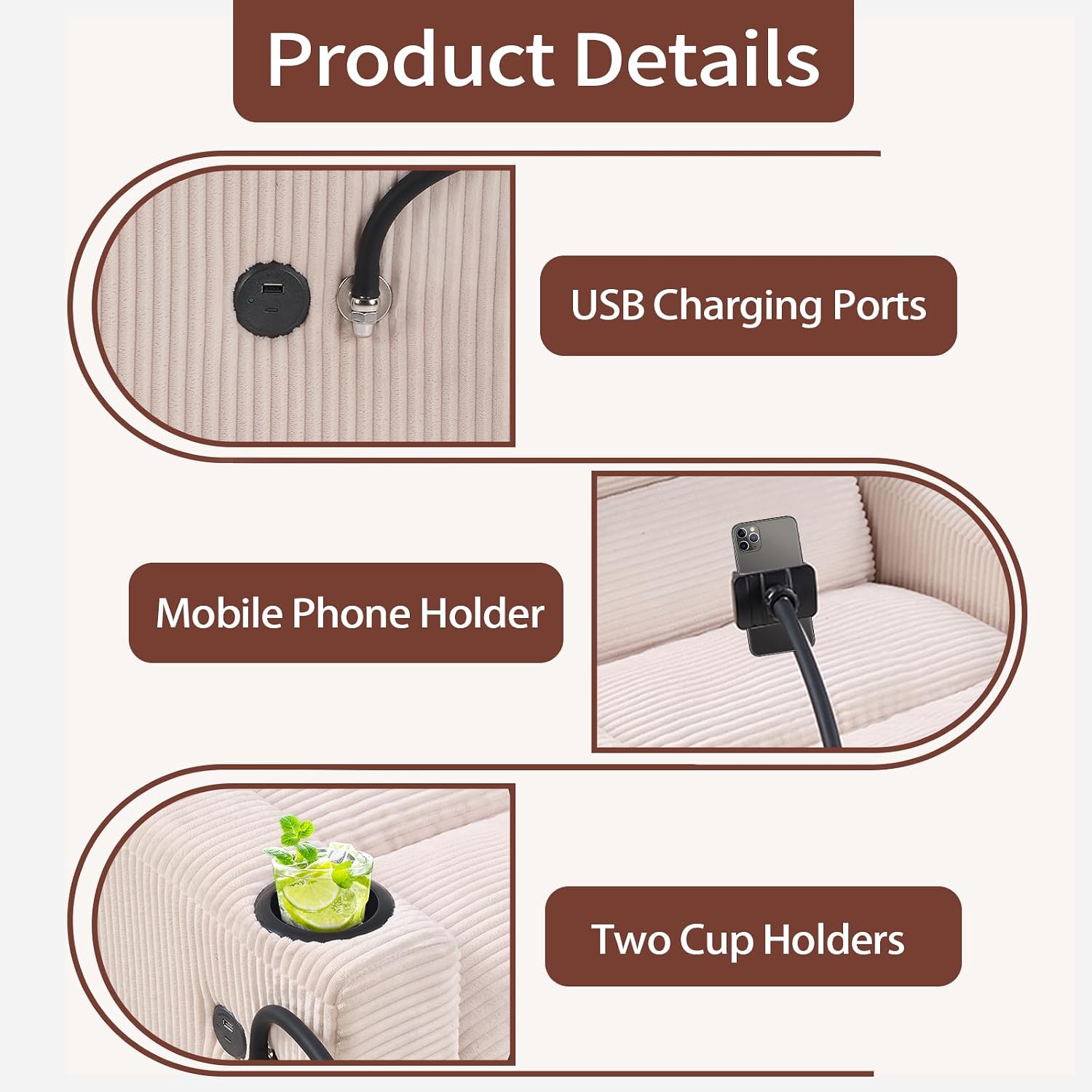 HAOMARKETS 3-in-1 Convertible Loveseat Sleeper Sofa Bed, 2-Seat Pull Out Couch with Cup Holders, Phone Holder and USB Ports, Corduroy 3-Level Adjustable Backrest Couches for Living Room, Beige