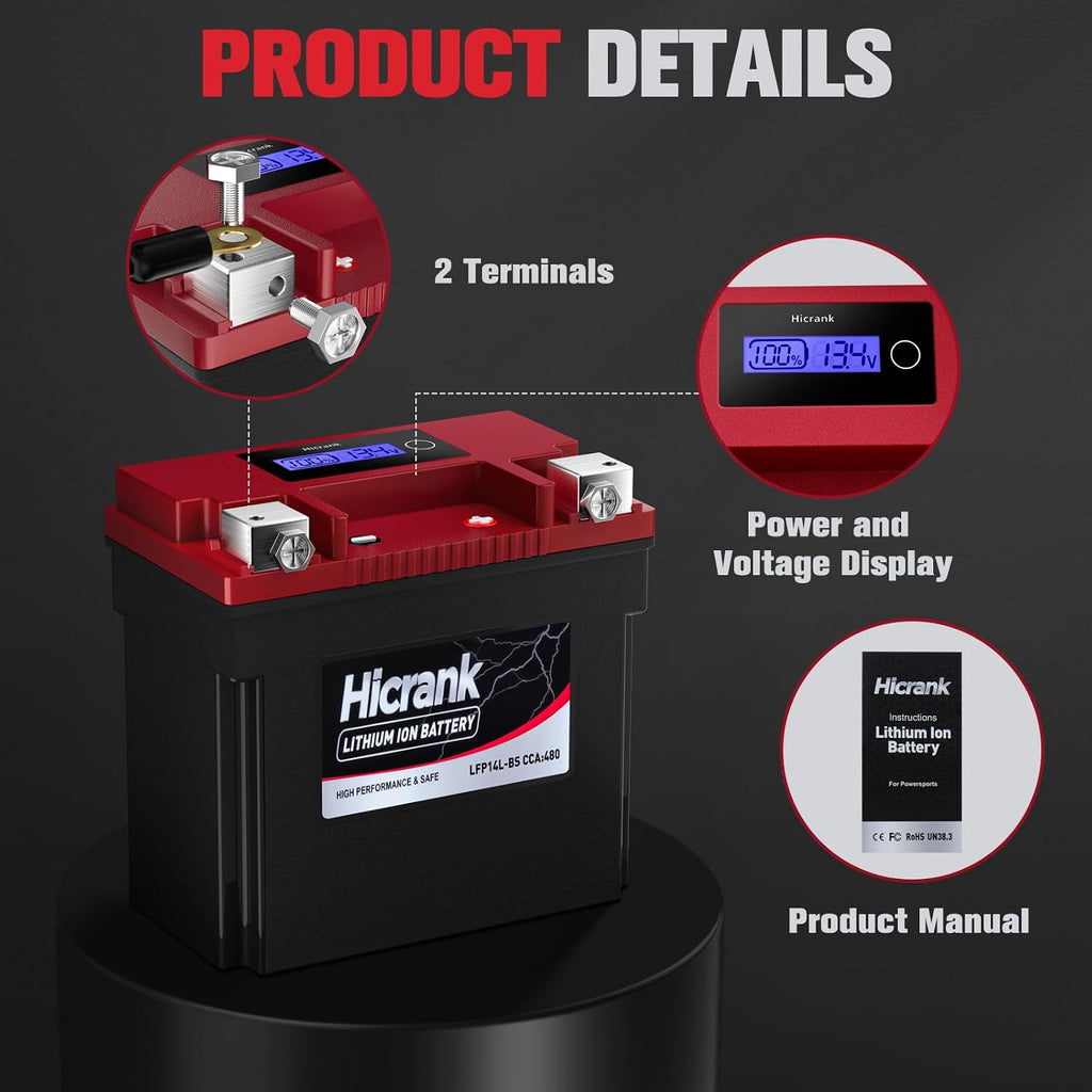 YTX14L-BS (GYZ16HL) Lithium 12V 8Ah 480CCA LiFePO4 Motorcycle Battery, Powersports Battery for Honda KTM Yamaha Harely, Fit ATV, UTV, Motocross, 4 Wheeler, Quad, Riding Lawn Mower