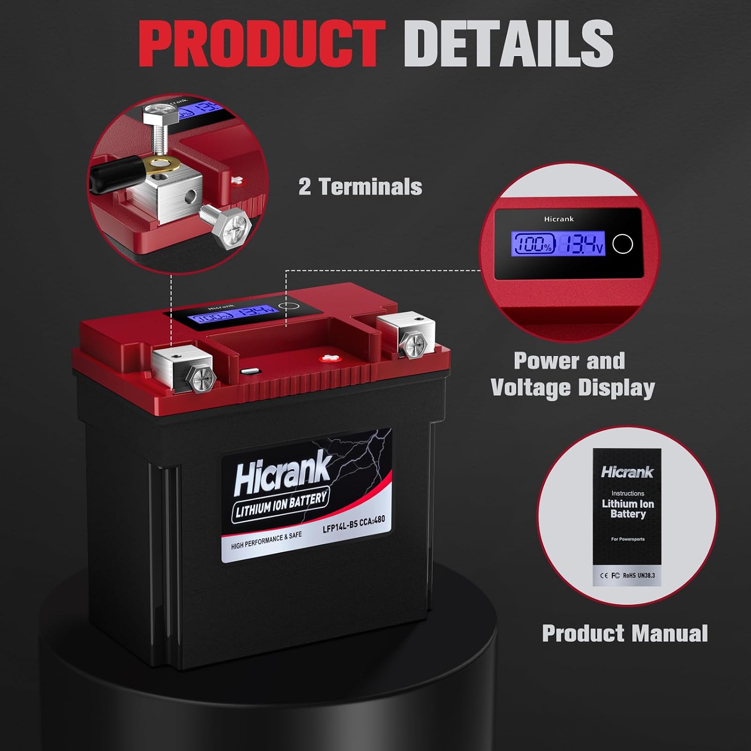 YTX14L-BS (GYZ16HL) Lithium 12V 8Ah 480CCA LiFePO4 Motorcycle Battery, Powersports Battery for Honda KTM Yamaha Harely, Fit ATV, UTV, Motocross, 4 Wheeler, Quad, Riding Lawn Mower