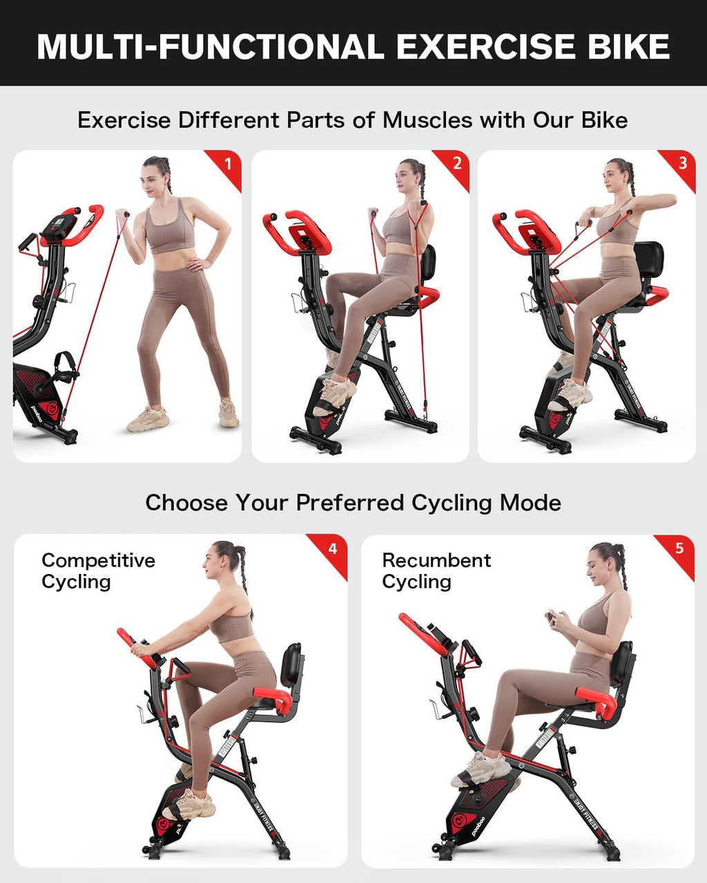 pooboo Folding Exercise Bike, Foldable Upright Stationary Bike, Indoor Cycling Magnetic X-Bike with 8-Level Adjustable Resistance, 6.6 LBS Flywheel, 300LB Capacity, Back Support Cushion for Home Gym