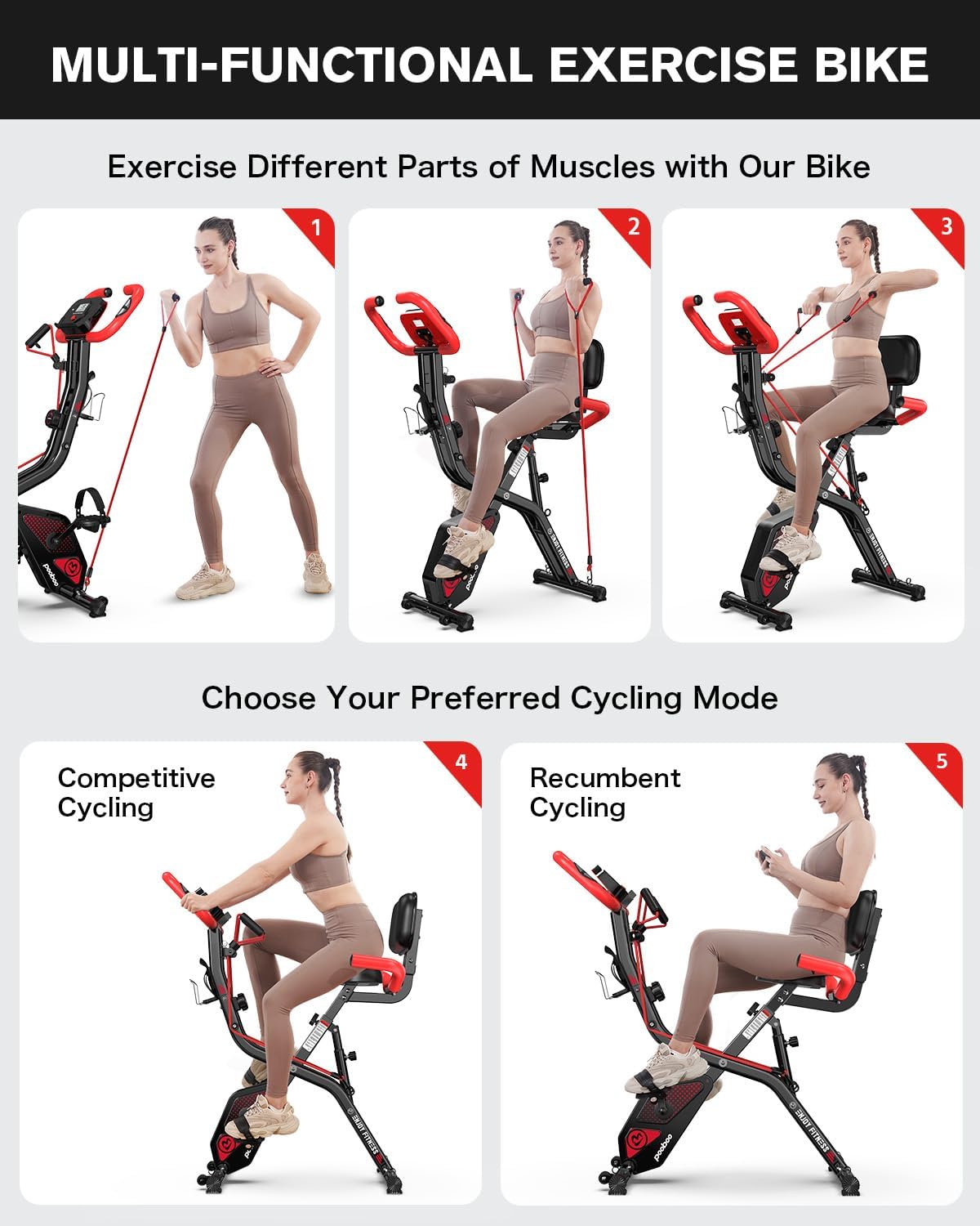 pooboo Folding Exercise Bike, Foldable Upright Stationary Bike, Indoor Cycling Magnetic X-Bike with 8-Level Adjustable Resistance, 6.6 LBS Flywheel, 300LB Capacity, Back Support Cushion for Home Gym
