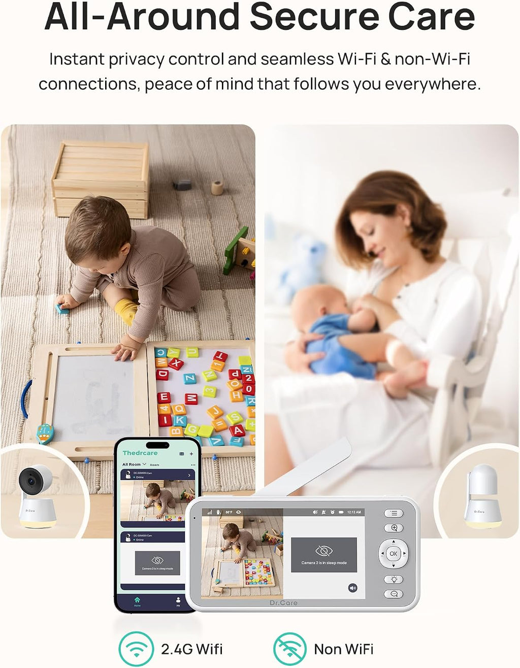 Dr.Care LumiView Smart WiFi Baby Monitor - 5' 1080P FHD & 2K Camera App Control, Privacy Mode, 5000mAh Removable Battery,Cry & Motion Alerts, HD Night Vision, RGB Night Light, Multi-User, 1279ft Range