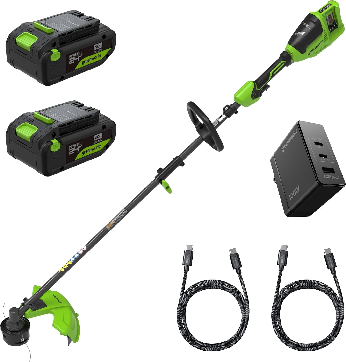 Greenworks 48V (24V x 2) 16' Brushless String Trimmer, 0.095' Dual Line, Quick Load, Bump Feed, (2) 4.0Ah Batteries, 100W Type-C Charger, Attachment Capable, 3-Year Warranty
