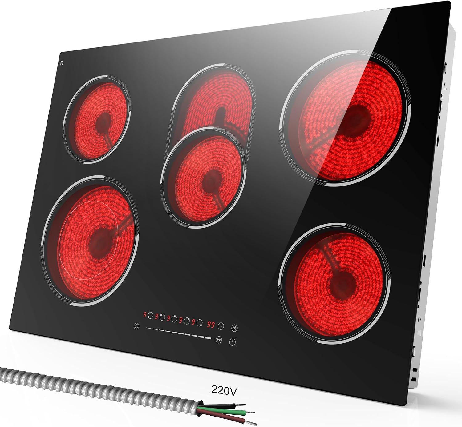 30 Inch Electric Cooktop, 5 Burner 8400W Built-in Electric Stovetop, Ceramic Cooktop with Expanded Zone, Slide Touch Control, Timer, Child Safety Lock, Pause, 220V - 240V Hard Wire, No Plug