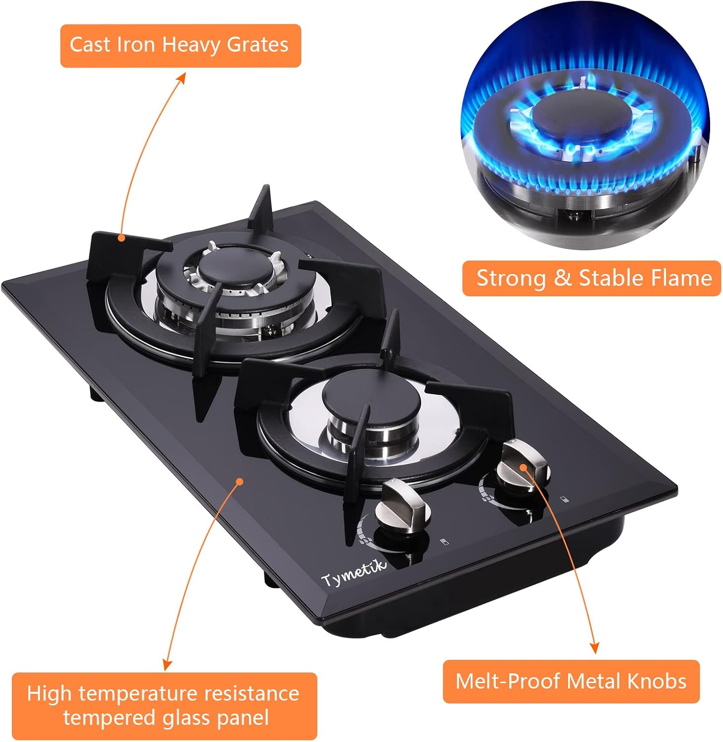 12 Inch Gas Cooktop - 2 Burner Built-in Stovetop with Tempered Glass, LPG/NG Convertible Dual Fuel, Ideal for RVs, Apartments, Outdoor