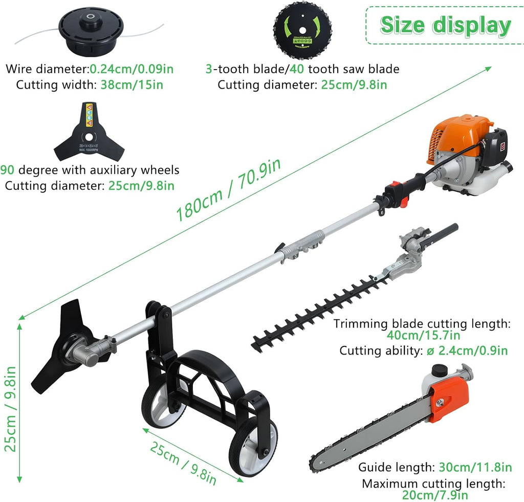 8-in-1 Weed Eater Gas Powered - 52CC 2-Stroke Multi-Functional Trimming Tool Set, String Trimmer, Hedge Trimmer, Edger, Brush Cutter, Pole Chainsaw Pruner with Extension Pole for Yard, Garden