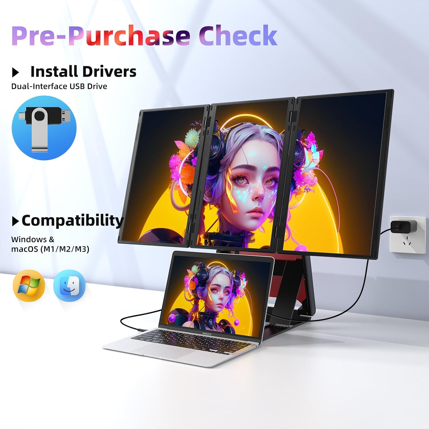 Quad Laptop Screen Extender, 15.6' FHD 1080P Quad Monitor, Combine into One 30' Screen (Landscape/Portrait), Just 1 Cable for 3 Screens, Driver Required, Compatible with Wins & Mac(M1/M2/ M3/M4/M5)