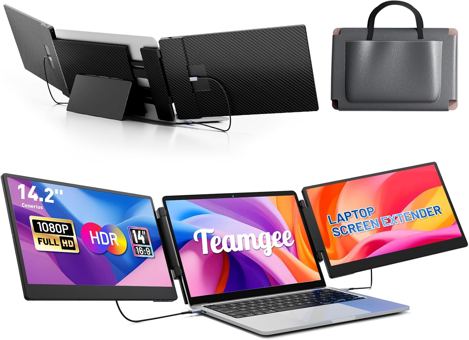 Teamgee 14.2' Laptop Screen Extender, FHD 1080P IPS Portable Monitor for Laptop, Triple Screen Monitor Extender Compatible with 13'-17' Laptops, HDMI/USB-A/C Plug-Play for Windows, Mac, Android