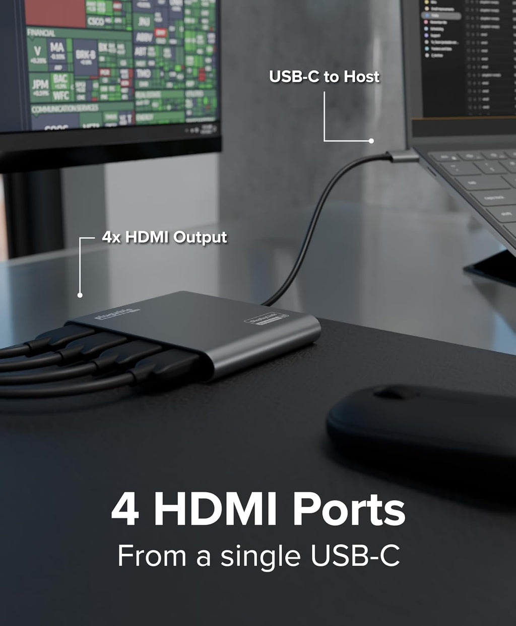 Plugable USB C to Quad HDMI 4K Adapter with 100W PD Pass-Though Power Delivery for Windows, Mac M1/M2/M3/M4, Thunderbolt, and USB-C Laptops | TAA, DisplayLink Pro, Driver Required (USBC-7400H4)