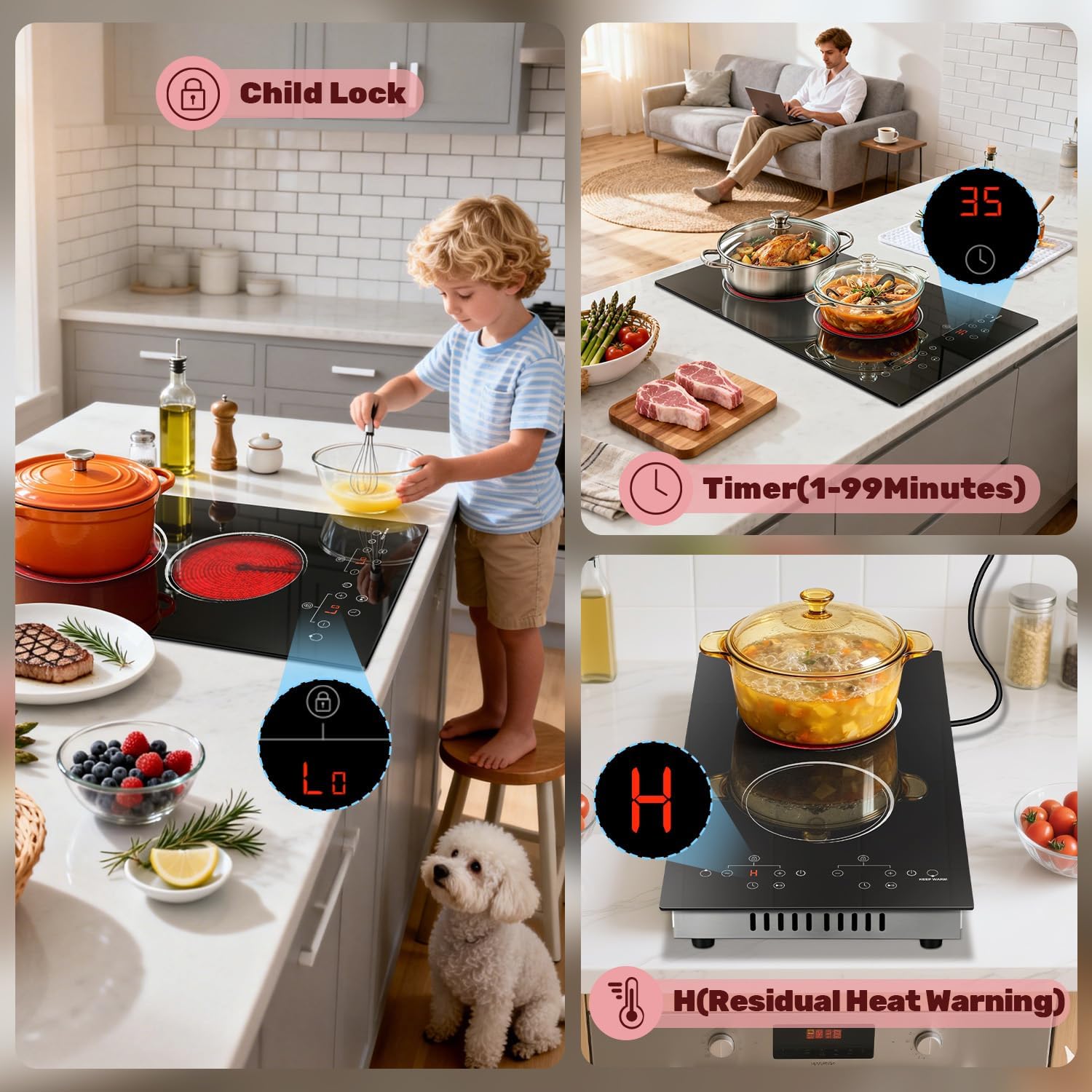 2 Burner Electric Cooktop 2000W, 12 Inch Electric Cook Top Plug in 110V, Electrics Stove with Touch Control, Countertop & Built-in Ceramic Stovetop, 9 Heating Level, Timer, Residual Heat Indicator