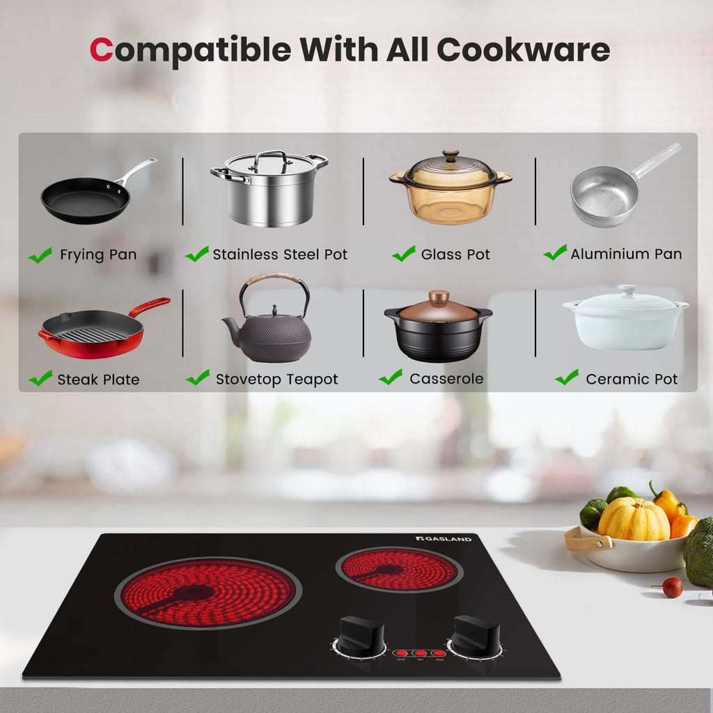 GASLAND 21 Inch Electric Cooktop 2 Burners, Built in Radiant Glass Stove Top for Apartment, UL Certified, 3700W Ceramic Electric Stovetop, 9 Heating Levels, Knobs Control, Instant Heating Up, 220V