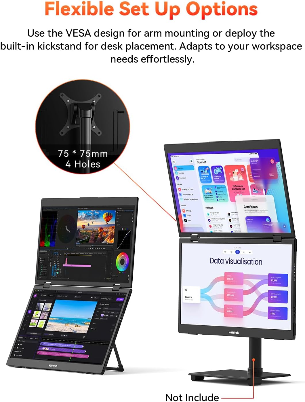 HotYeah Triple Laptop Screen Extender, 15.6' 1080P FHD IPS Folding Stacked Portable Dual Monitor, USB-C Travel Extended Computer Display w/VESA, 180° Rotation, Plug & Play (Windows Only)