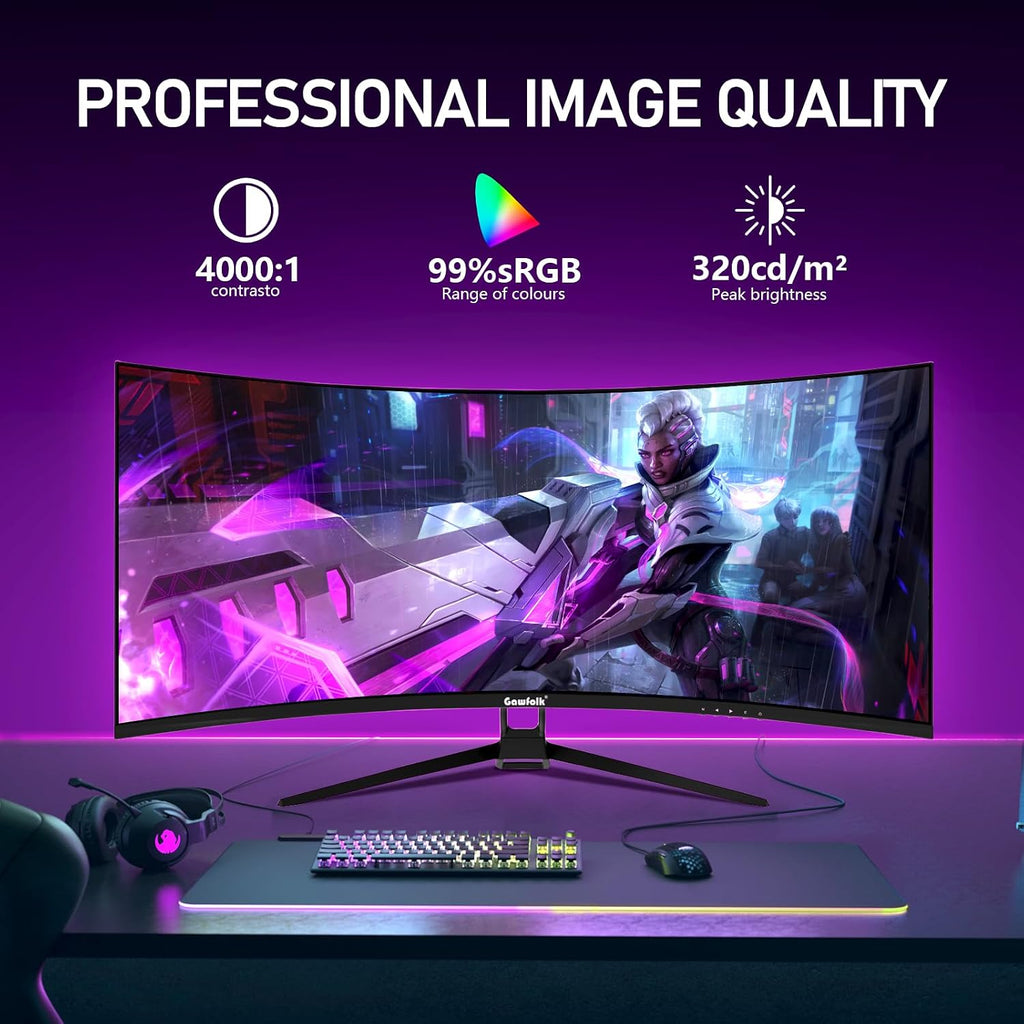 Gawfolk 34 Inch Ultrawide Curved 144Hz Gaming Computer Monitor 1500R PC Screen 21:9 UWQHD (3440x1440),Adaptive Sync,178° Viewing Angle,Display Port 1.4、HDMI 2.0,Compatible with wall mounting -Black
