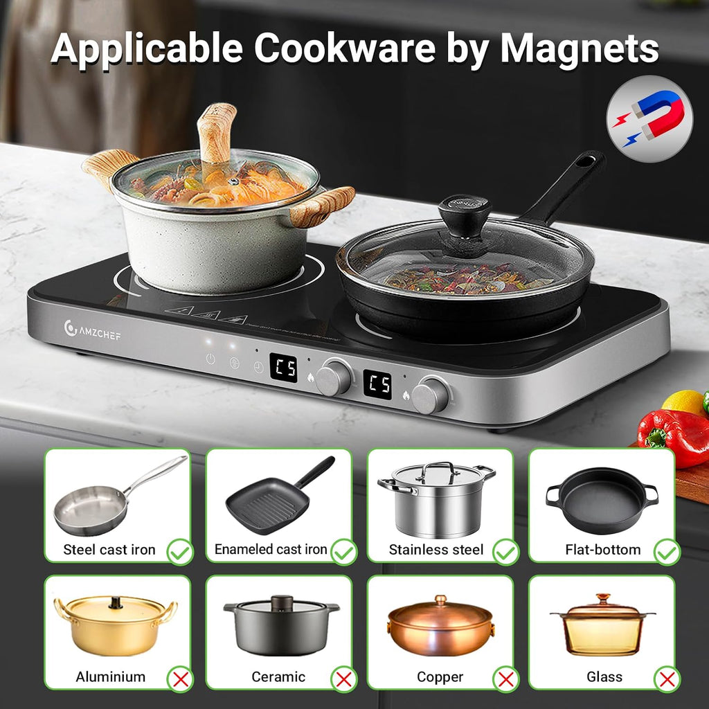 AMZCHEF Double Induction Cooktop with Removable Iron Cast Griddle & AMZCHEF Electric Induction Cooktop 2 Burners
