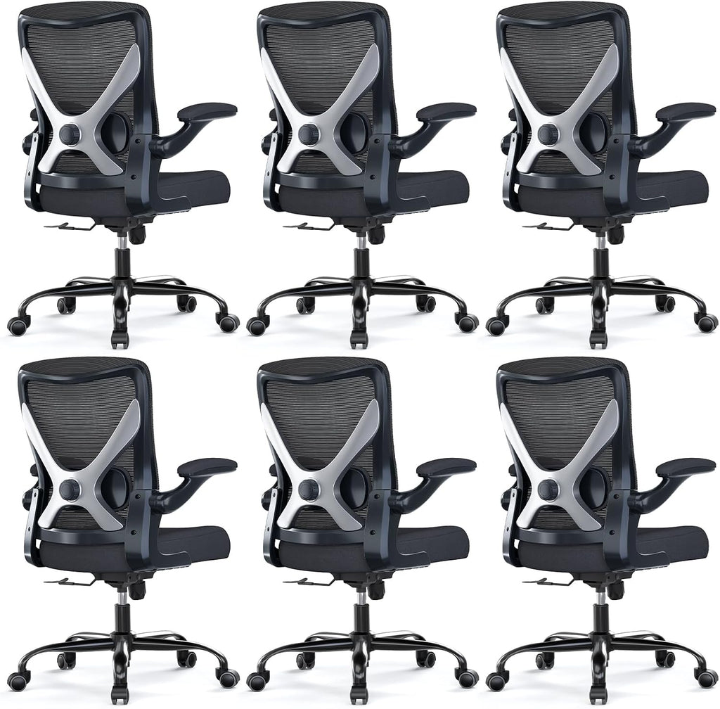 Ergonomic Office Chair - X-Shaped Computer Desk Chairs Comfy, Mesh High-Back Gaming Chair with Adjustable Lumbar Support, Executive Task Chair for Adults, Comfortable for Long Hours, Black, Pack of 6