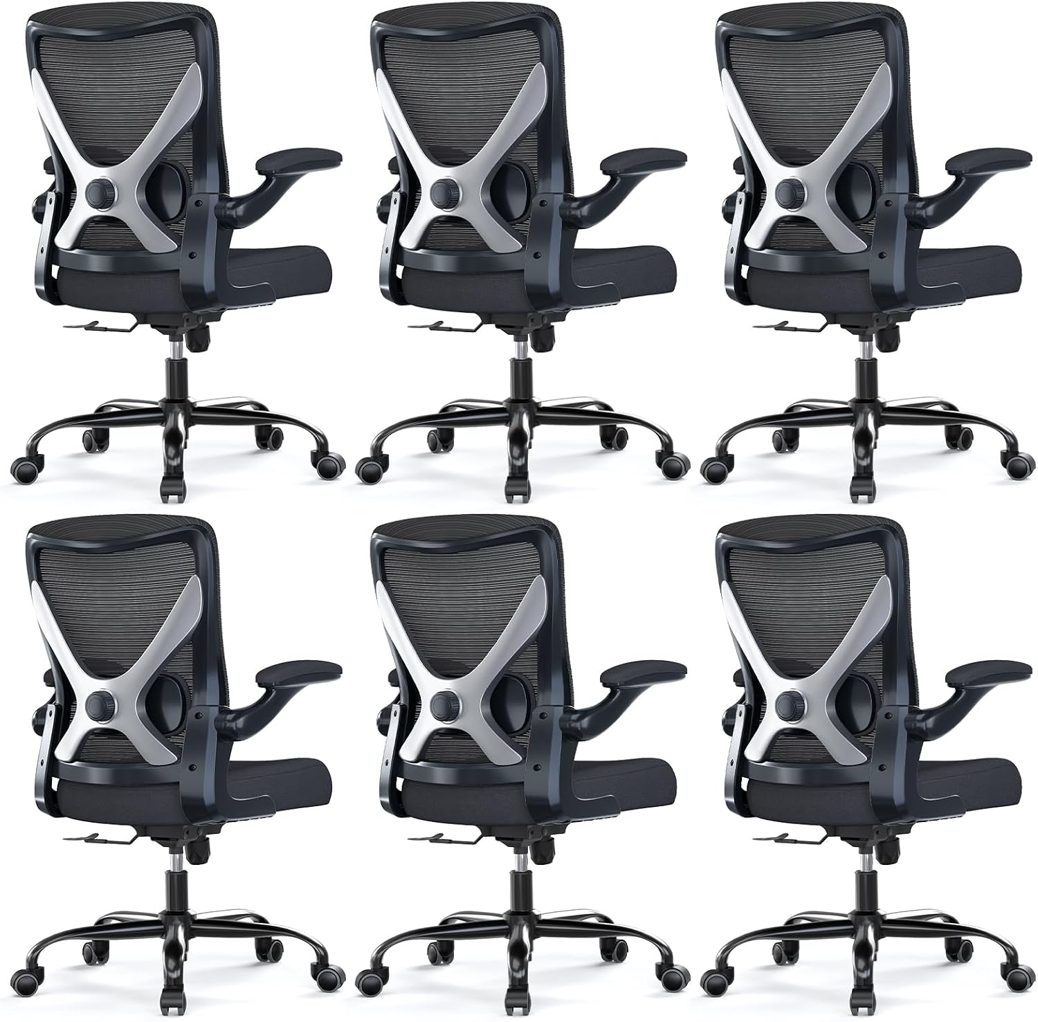 Ergonomic Office Chair - X-Shaped Computer Desk Chairs Comfy, Mesh High-Back Gaming Chair with Adjustable Lumbar Support, Executive Task Chair for Adults, Comfortable for Long Hours, Black, Pack of 6