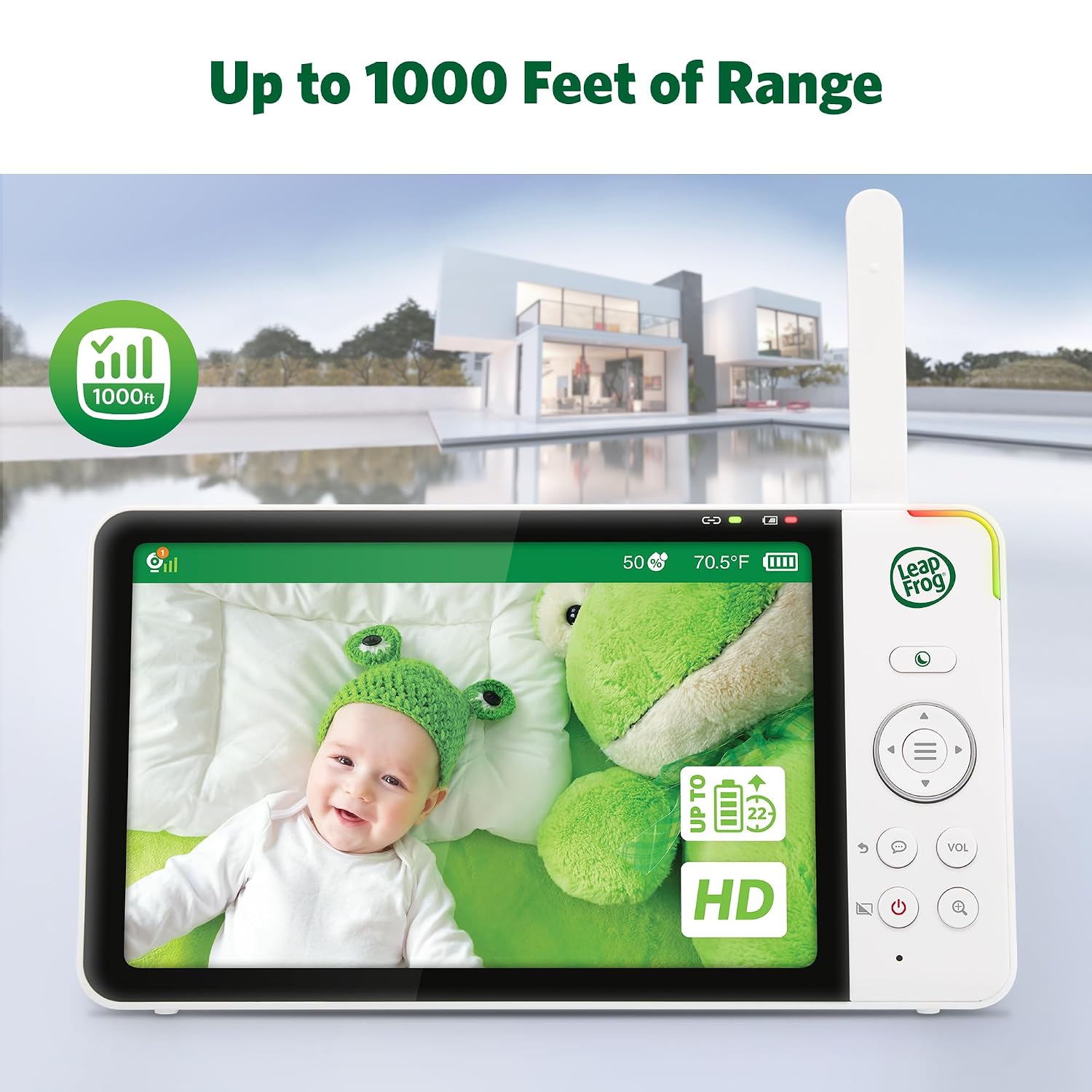 LeapFrog LF920HD Video Baby Monitor with 7' HD Screen - 720p Color Night Vision, 360° Pan Tilt 8X Zoom, Temperature & Humidity Sensor, Lullabies, 1000ft Range - No WiFi Needed