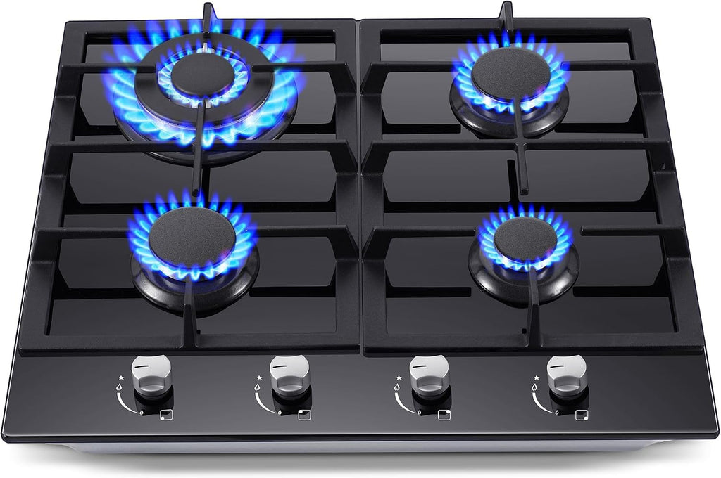 Gas Stove Top 24 Inch, Amzgachfktch Built-in Gas Cooktop 4 Burner, Black Tempered Glass Stove with NG/LPG Conversion Kit, Kitchen Propane Cooktop with Thermocouple Protection