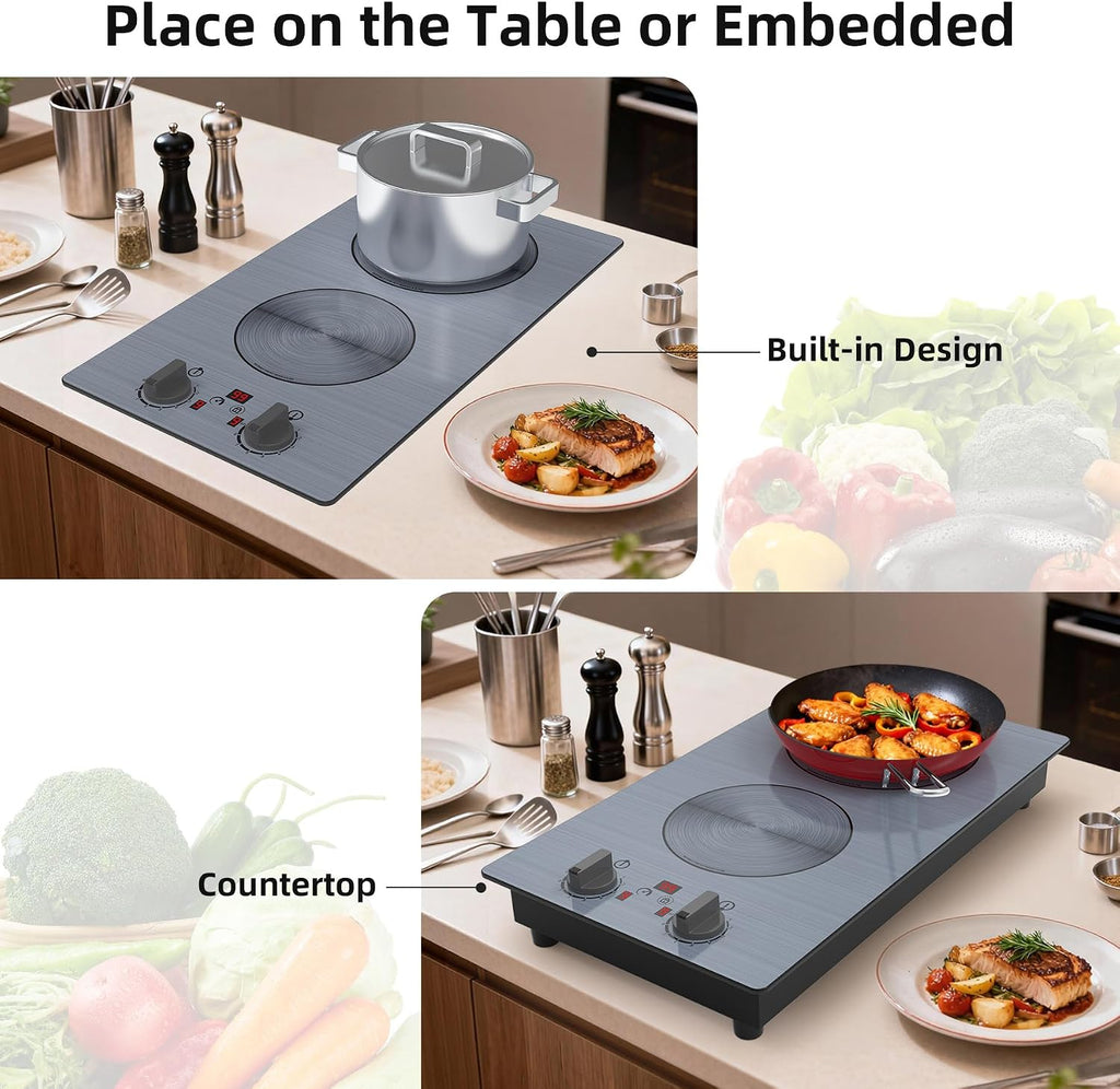 GlHETKUT Induction Cooktop,110V 2300W double burner hot plate with LED Touch Screen,9 Power Levels,Kids Lock & Timer,knob and touch control 2 burner induction cooktop